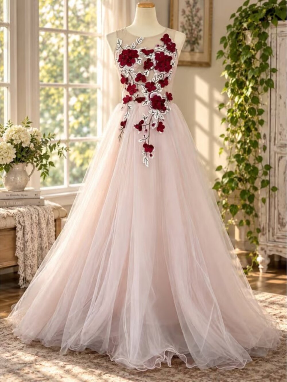 Ethereal Blush Pink Tulle Ball Gown with Deep Crimson 3D Floral Appliqués (Cl1)